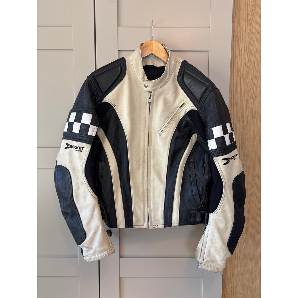 Joe Rocket Mens Leather Motorcycle Jacket Black White Checkered Racing Size 42